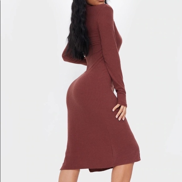 PrettyLittleThing Chocolate Ribbed Dress - US 12 - Picture 2 of 5